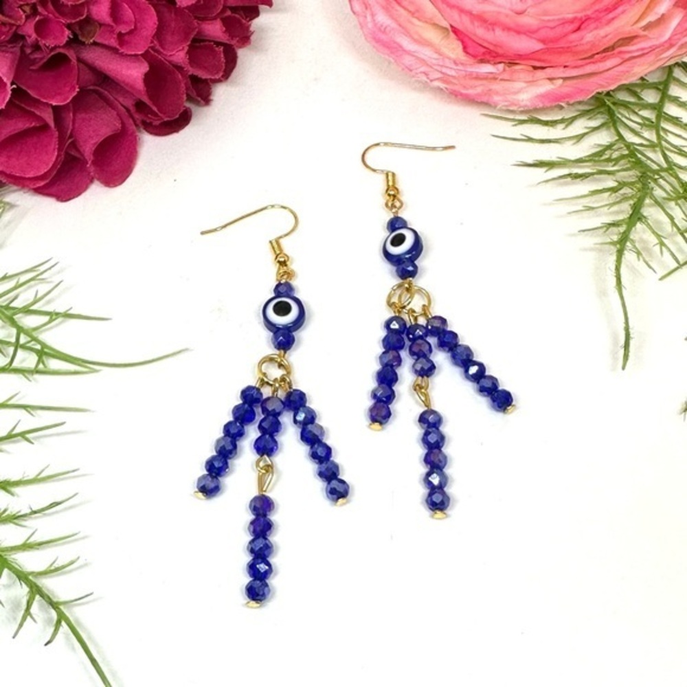 NEW⚜️Handmade Evil Eye Crystal Fringe Earrings - Picture 1 of 6